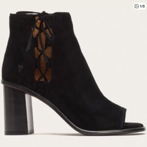 EUC Frye Amy Side Ghillie Lace Up Peep Toe Bootie Black Suede Shoes 8